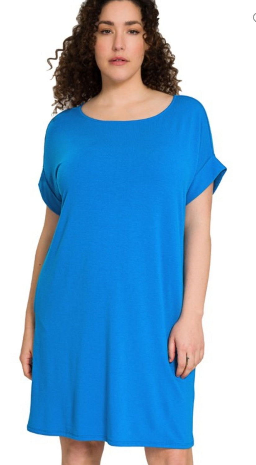 Rolled Sleeve Round Neck Tshirt Dress (Ocean Blue Plus Size)