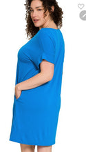 Load image into Gallery viewer, Rolled Sleeve Round Neck Tshirt Dress (Ocean Blue Plus Size)
